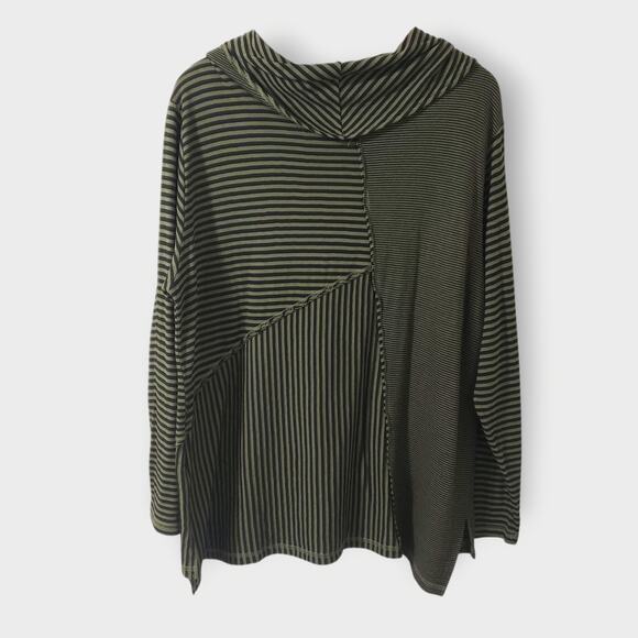 Habitat Artsy Asymmetric Cowlneck Tunic Top Green Black Stripe Sz XL Lagenlook - Picture 7 of 14